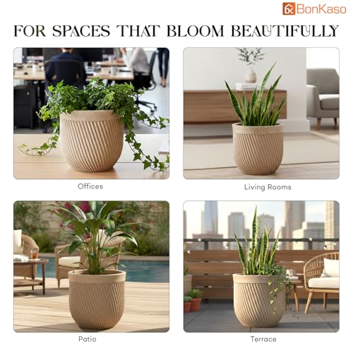 Image of Bonkaso 10 Inch Seltos Ribbed Planter for Indoor & Outdoor Use | Round Heavy Duty Polymer Flower Pot | Lightweight Weather Resistant Modern Gamla for Living Room Balcony & Terrace (Beige)