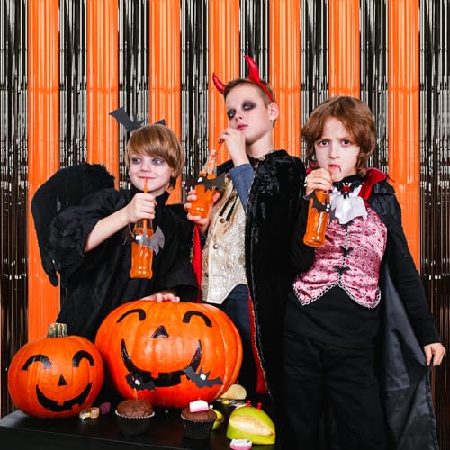 Image of Accevo Black Orange Party Streamers 3Pack 3.2ft x 8.2ft Tinsel Black Orange Streamers Party Decorations Door Decorations Foil Fringe Curtain Halloween Christmas Party Decorations Orange Party Decor