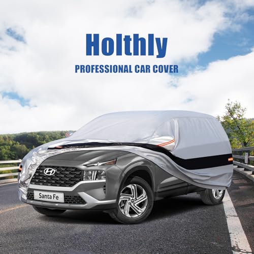 Image of Holhtly Car Cover Custom Fit for Hyundai Santa Fe, Car Covers for Automobiles All Weather Waterproof Sun Snow Rain Wind Dust Protection, Outdoor Car Cover Gray & Black
