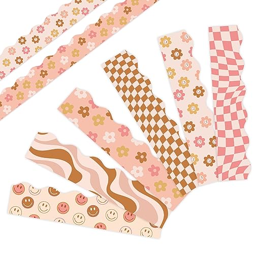 Image of Whaline 82 Ft Retro Groovy 70s Bulletin Board Borders Boho Flower Face Checkered Trim Border Chocolate Color Floral Bulletin Board Stickers for Back to School Classroom Office