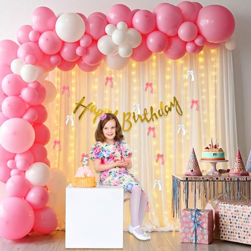 Image of SpecialYou.in Rubber 43 Pcs Birthday Decoration Kit for Girls with Pink & White Balloons for Decoration,Birthday Backdrop for Decoration,Back Drop Curtain for Decorations,White Pink Ribbon for Decor