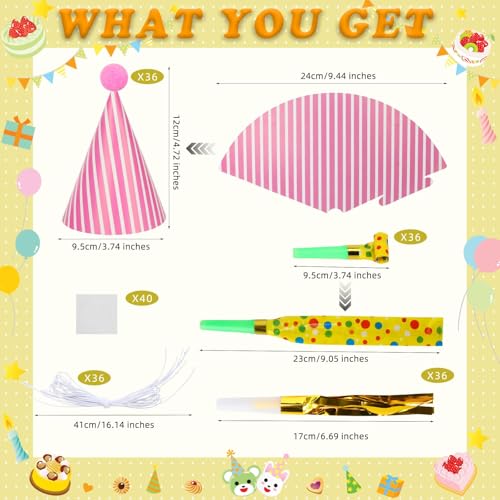 SAYAYA 116 PCS Birthday Party Cone Hats Assorted Colors Cone Paper Hat with Colorful Blowers and Metallic Fringed Noise Makers Blowouts for Kids Adults Birthday Baby Shower Party Supplies