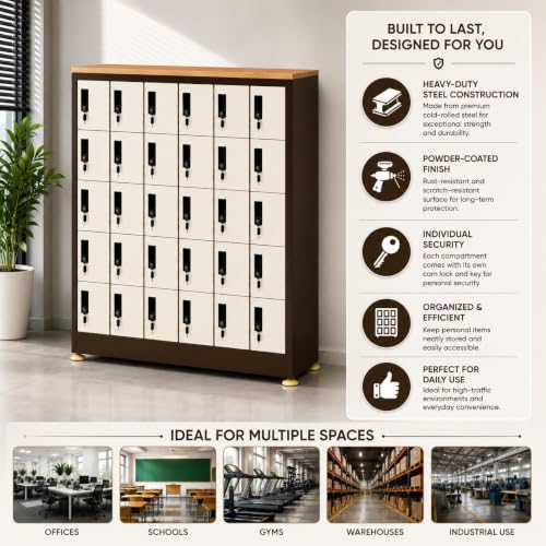 Image of Amazon Brand - Solimo 30-Door Mobile Locker Cabinet Heavy-Duty Lockable Steel Compartments for Phones Wallets & Valuables Powder-Coated Brown Finish Office School Gym Warehouse