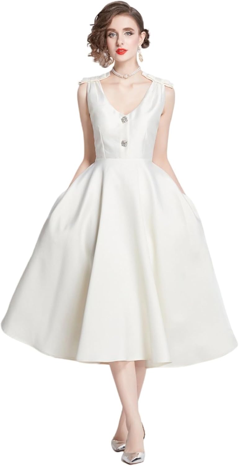 Roman Holiday Retro Evening Dress French Hepburn Style Cream Satin Dress Simple Annual Meeting Host Party Dress