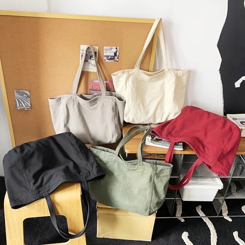 Image of Cotton Tote Handbag Women Canvas Crossbody Beach Bag Hobo Shoulder Tote Bag with 3 External Pocket,Zipper Closure