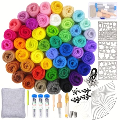 IcosaMro Needle Felting Kit 48 Color Wool Roving with Felting Needles 100 Pcs Wool Felt Supplies Tools Felt Working Pad