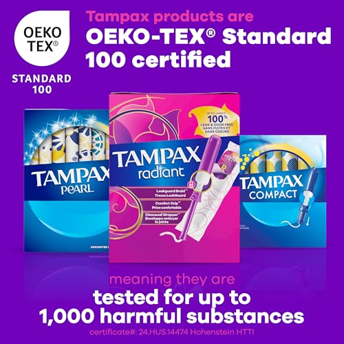 Tampax Radiant Tampons for Women Multipack, with LeakGuard Braid, Regular/Super Absorbency, Unscented, 28 Count, Packaging May Vary