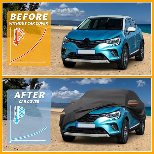 Image of All-Weather Waterproof Car Cover - UV-Resistant Outdoor Full Exterior Protection for Renault Captur 2013-2021 190T-PU Black with Right Side Zipper