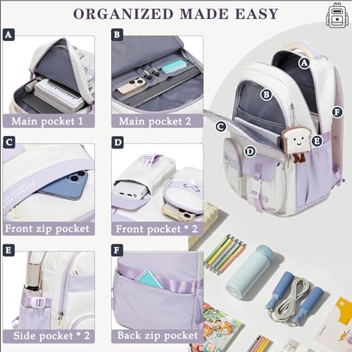 KESUDE Schulrucksack Teenager Mädchen - Rucksack Mädchen Schulranzen Jungen Großer Wasserdicht Schultasche Damen Daypack School Bag Backpack für Schule Ranzen Reise mit Anhänger