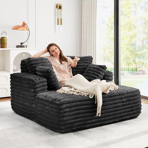 Image of JEEOHEY 56 inch Oversized Chaise Lounge Chair Indoor,Plush Faux Fur Sleeper Sofa Couch Bed with Pillows&Wide Armrests,Fluffy Comfy Cloud Couch,Compression Foam Couch for Living Room,Bedroom(Black)