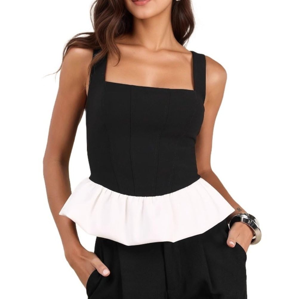 Donna Colletto Quadrato Senza Maniche Moda Canotte Patchwork Plissettato Estate Crop Top