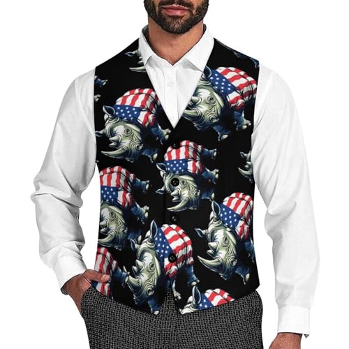 Rhinoceros 4th Of July Rhino Men's Suit Vests Dress Vest V-Neck Waistcoat Slim Business Formal with Pocket
