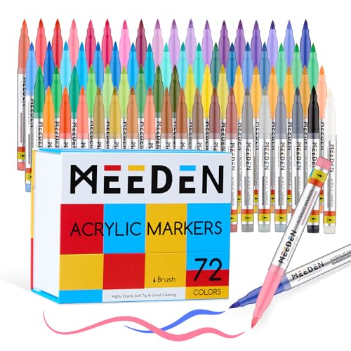 MEEDEN Acrylic Paint Marker Brush Tip: 72 Colors Large Capacity Acrylic Markers with Automatic Ink Control System - Waterproof Paint Pens for Wood, Glass, Rocks, Fabric, Halloween Pumpkin Painting
