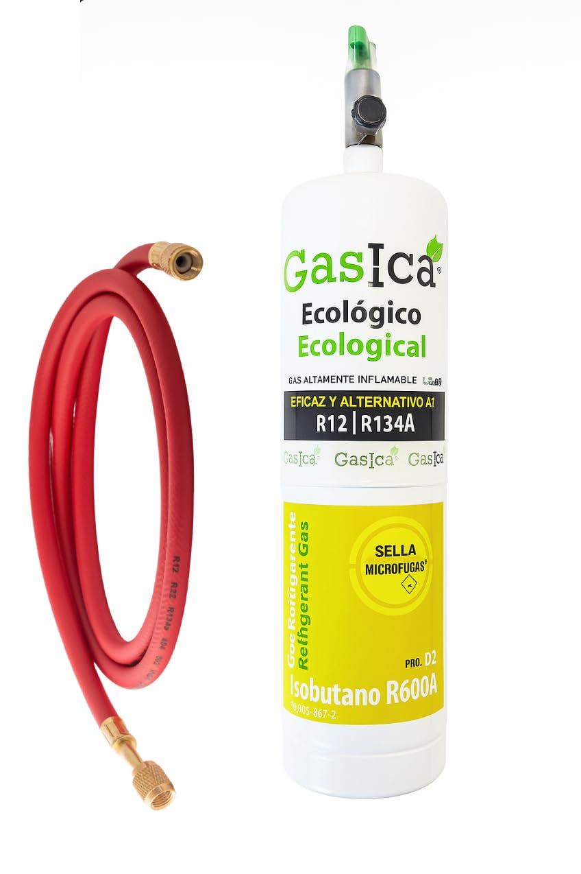 Gas Refrigerante Ecológico Orgánico GASICA D2 PRO Compatible con R134A y R12 – Envase de 900 g Equivalente con Válvula y Manguera Incluidas