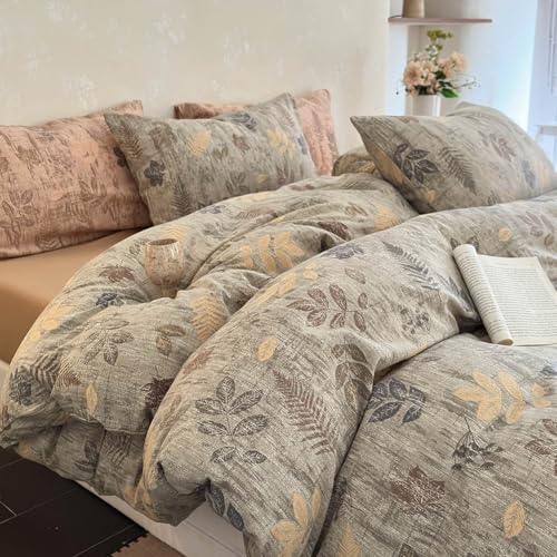 JaTaCa Floral Duvet Cover Queen Size, Linen Vintage Botanical Garden Bedding Set, Washed Cotton Blend Linen Feel Comforter Cover Set, Boho Flower Printed Quilt Cover with 2 Pillowcases