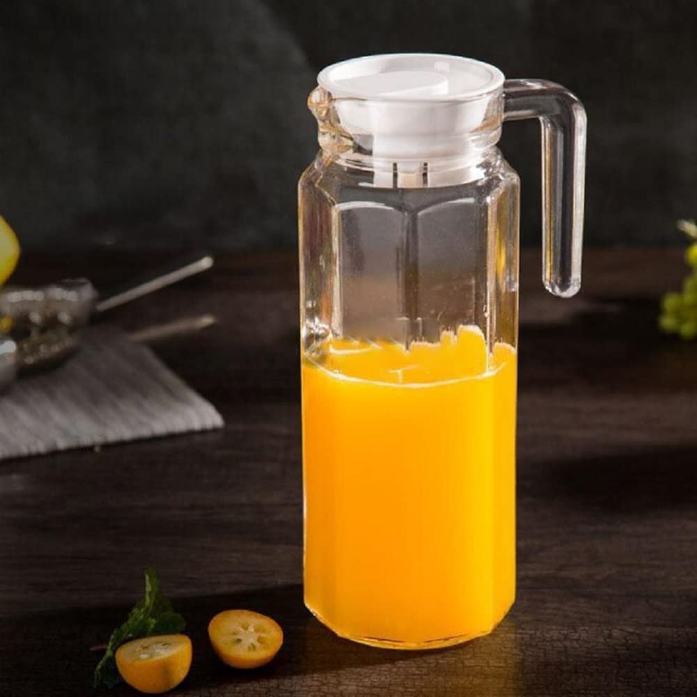 OSHIV Italian Premium Rocco Glass Octagonal Water Jug with Airtight Lid | 1000ml Clear Juice Jug Pitcher, Juice, Iced Coffee & Iced Tea | Easy Pour Spout & Handle (1 Liter) 1