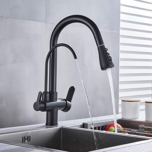 Robinet d'évier de cuisine noir mat avec double poignée et système filtre à eau