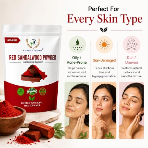 Image of Pure Red Sandalwood Powder for Face (200g) - Natural Lal Chandan /Rakta Chandanam Face Pack for Glowing Skin, Sun Tan Removal & Acne Spot Care - Unisex Skincare