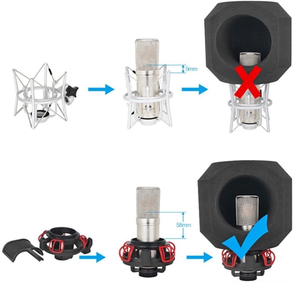 Diagram illustrating microphone compatibility with the Alctron PF8, showing various microphone sizes and mounting methods.
