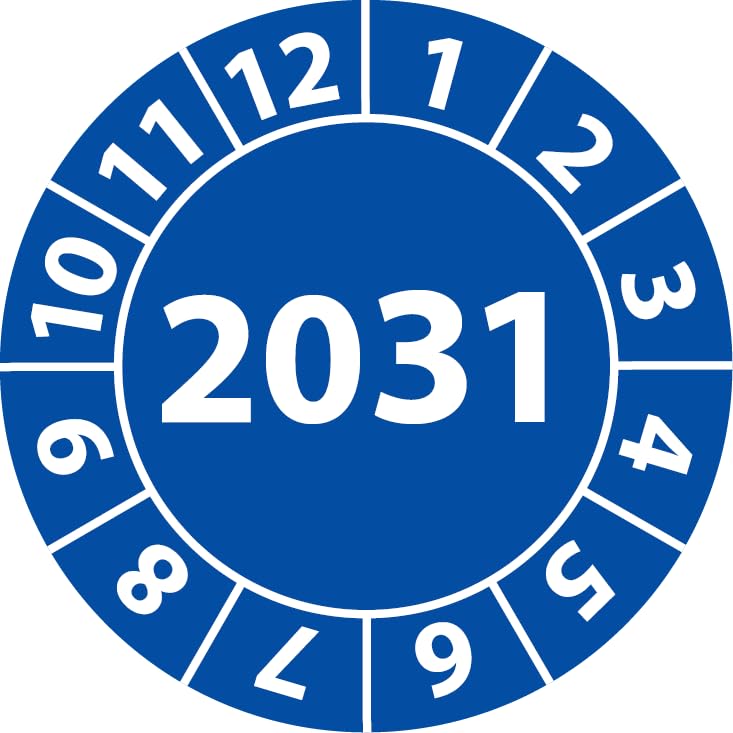 Jahresprüfplakette 2031, Vinylfolie, selbstklebend, Prüfaufkleber, Jahresplakette für das Jahr 2031 (25 mm Ø, Blau, 250)