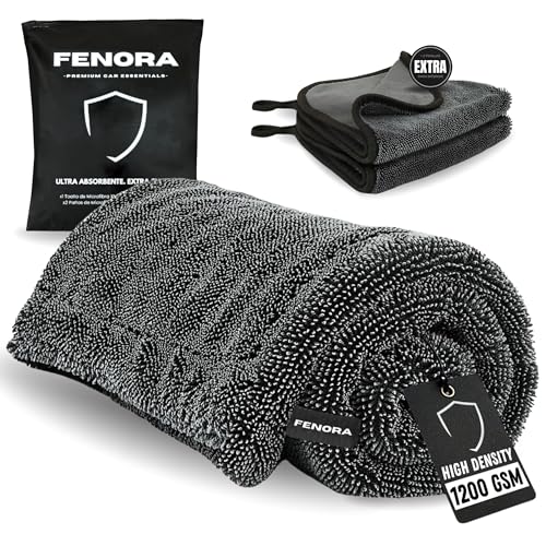 FENORA® Toalla Secado Coche 1200GSM (60×40cm) + 2 Paños Extra (30×30cm) + Bolsa Zip – Toalla Microfibra Coche Premium para Detailing Ultra Absorbente, No Raya