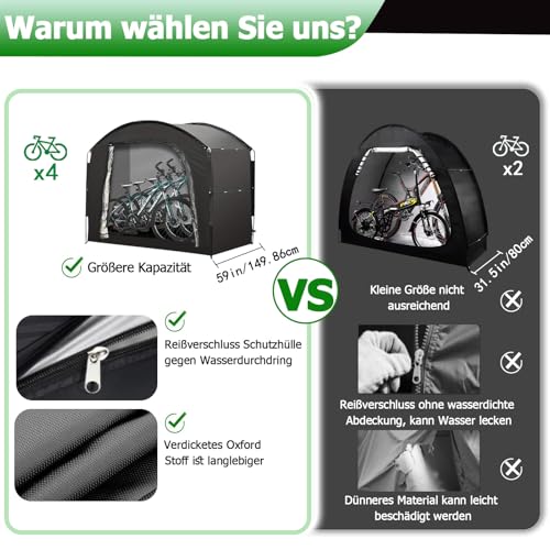 Misssugar5 Fahrradzelt für 4 Fahrräder, 220*150*185cm Großräumiger Fahrradgarage Wasserdicht UV-beständig, Geräteschuppen für die Lagerung von Fahrrädern, Gartengeräten, Tischen und Stühlen im Freien