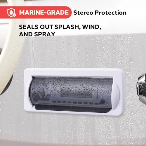 Image of Pyle Water Resistant Marine Stereo Cover - Smoke Colored Heavy Duty Boat Radio Protector Shield with Flip-up Door & Spring Loaded Release - Mounting Gasket Included - Pyle PLMRCW2,White