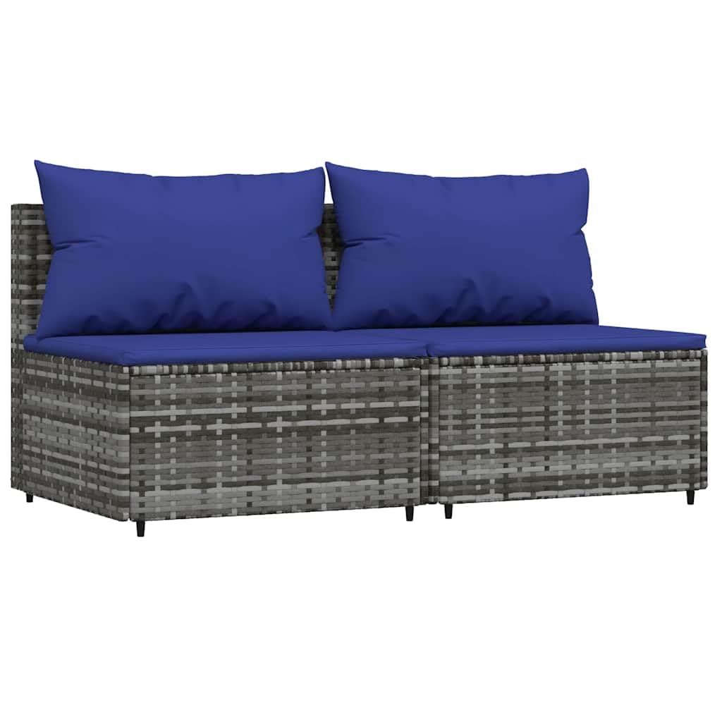 ACAGALA Set di 3 mobili da giardino in polyrattan, con cuscino, 2 parti centrali + tavolo come piano in vetro temperato, set per giardino, terrazza, grigio e blu