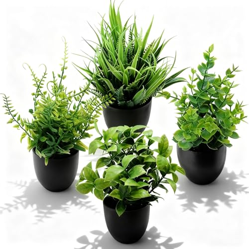 SZHUGEKI 4 Pezzi Pianta Finta da Interno, Piccole Piante Artificiali, Pianta Finte Decorative, Mini Pianta Finta, Adatte per la Decorazione di Cucine, Camere da Letto, Case e Uffici, con Vasi Bianchi