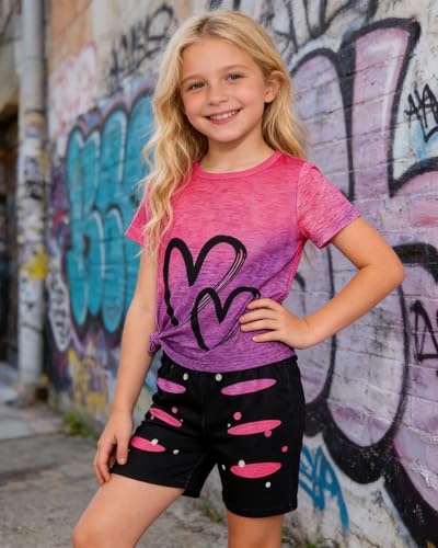 Image of Kids Girl Clothes Tie Dye Heart Print Short Sleeve Top and Shorts Toddler Girl Summer Outfits Short Set