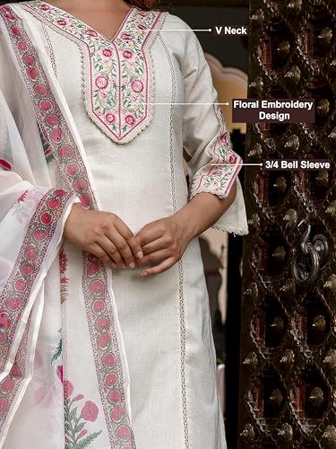Image of TRENDMALLS Women's Cotton Embroidery Sequence Work Kurta Palazzo with Dupatta Salwar Suit Set For Women