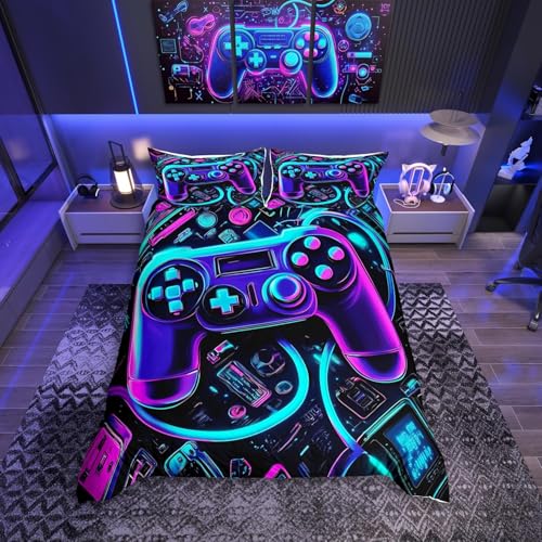 Loussiesd Gamer Bedding Set Single Size 2Pcs Neon Gamer Duvet Cover Set for Kids Boys Girls Gaming Comforter Cover Game Controller Bedspread Bedroom Collection
