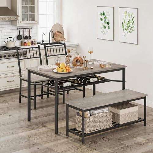 GarveeLife 4 Pieces Dining Table Set, Farmhouse Kitchen Table Set with Bench and 2 Chairs, Rectangular Breakfast Table Set for 4 with Storage Racks fo