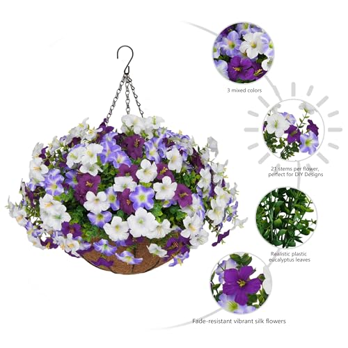 Image of 2 Set Artificial Hanging Flowers with Basket for Outdoor Decor, 24 Pcs Silk Petunias Fake Plants for Porch Garden Patio Balcony Yard Home Decoration