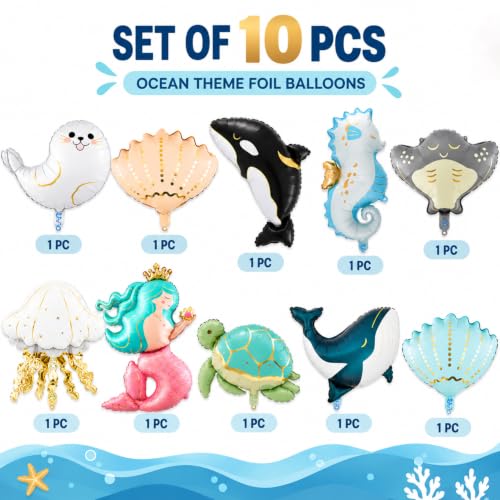 Image of Ocean Sea Animal Foil Balloons Set, 10 Pieces, Mermaid Theme