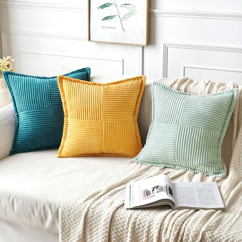 Image of MIULEE Spring Decorative Throw Pillow Covers for Couch Bed Livingroom 16x16 Inch Set of 2 Light Green Boho Accent Throw Pllows Broadside Striped Patchwork Soft Corduroy Summer Pillowcases