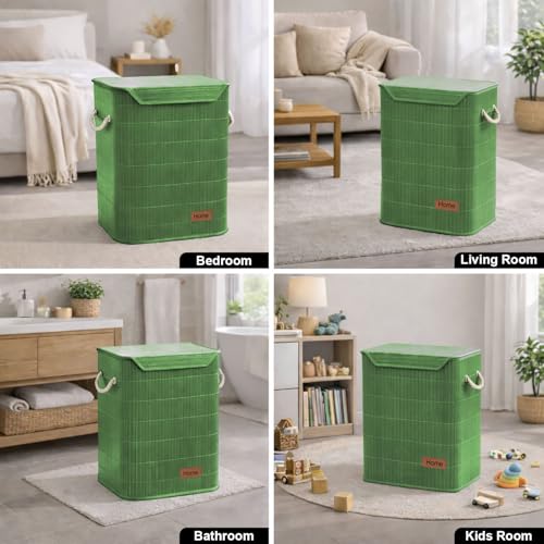 Image of Amazon Brand - Umi Rectangle Bamboo Laundry Basket for Clothes with Lid Strap Lock | Eco-Friendly, Foldable & Lightweight Organizer (Green, 40x30x50 cm, Pack of 1)