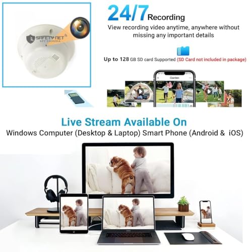 Image of SAFETYNET 1080P Full HD WiFi Security Camera | 24 /7 Continuous Power | iWFCam App Live View | Motion Detection | Loop Recording | Mobile & PC Monitoring (Smoke Detector)