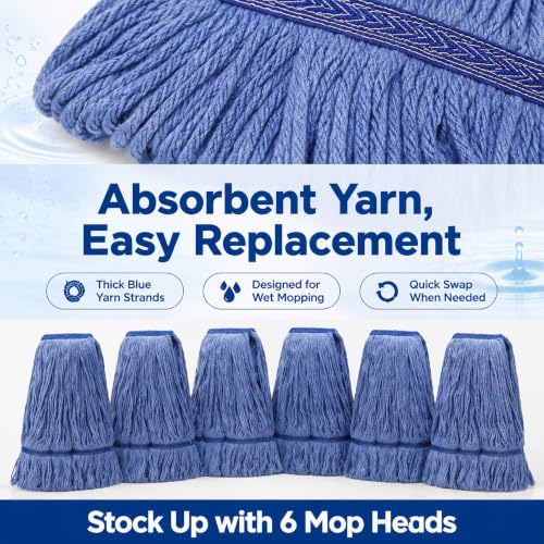 Image of 6 Pack Heavy Mop Replace Head,mop Head Replacement,Commercial mop Heads,Reusable Mop Head Refills-Replacement Mop Heads SuitableWet Industrial Blue Cotton Looped End String Head Refill (Blue)
