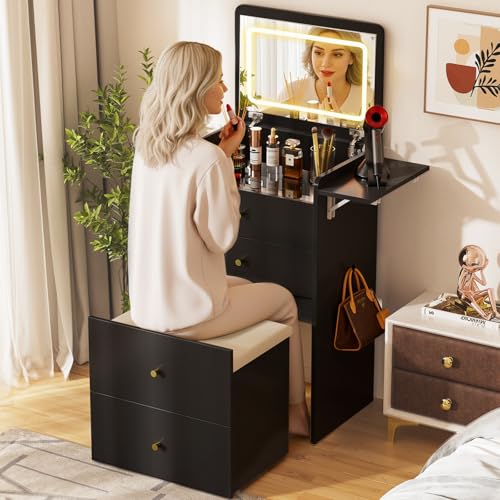 Image of COMHOMA Makeup Vanity Desk with Mirror and Lights, Small 3 in 1 Vanity Table with Visible Glass Top, Flip Top & 3 Drawers, Compact Dressing with Storage Stool for Room or Office