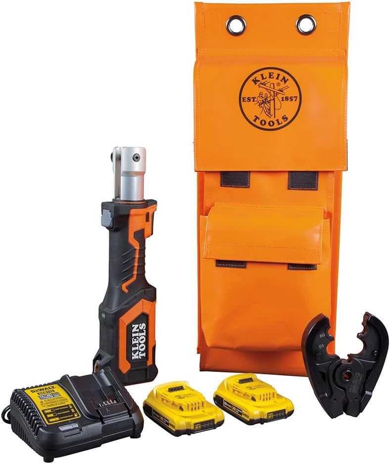Klein Tools BAT207T1 Crimping Tool, Cable Crimper with BG Fixed Die and D3 Groove Head, Runs on 2 Ah DeWALT 20V Batteries