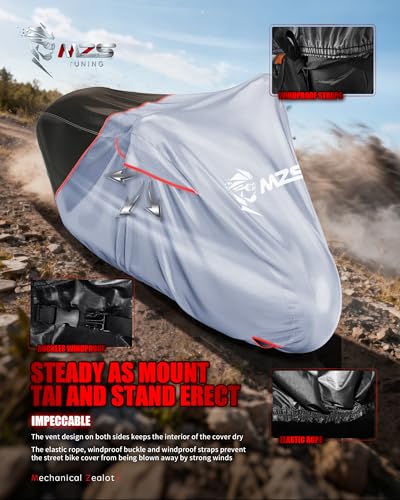 Image of MZS Motorcycle Cover Waterproof Outdoor, Heavy Duty All Season Weather Protection with Cotton Lining Vents Night Reflective Lock Holes Storage Bag fits up to 96 inch Motorcycle Powersports Vehicle Cover