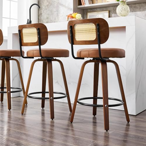 Image of Natural Rattan Bar Stools Set of 2,Upholstered PU Leather, 26'' Counter Height Barstools with Back and Wood Legs,360Swivel,Mid-Century Modern Bar Stool for Kitchen Island Dining Room and Bar(Brown)