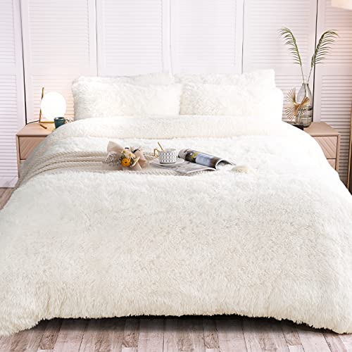 junovo Luxury Plush Shaggy Duvet Cover Set, Super Soft Faux Fur Velvet Bedding Sets 4 Pcs King Comforter Sets with 1 Velvet Duvet Cover, 1 Bed Flat Sheet and 2 Fluffy Pillow Cases, Cream