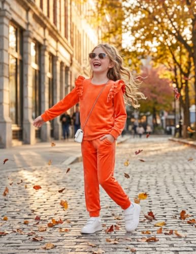 Image of Arshiner Girls 2 Piece Outfits Velour Tracksuit Ruffle Sweatshirt Sweatpant