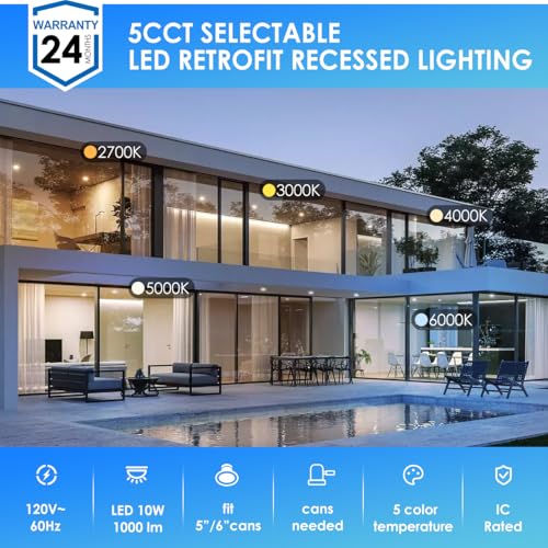 anwio recessed lighting 6 inch 5cct 1000lm high brightness flat retrofit led recessed lights can needs 27003000400050006000k selectable can lights 10w cri 80 dimmable e26 ic rated amp etl 5 pack
