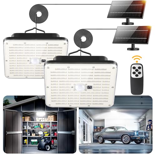 Solar Indoor Outdoor Shed Light with 3000LM, FabStyl Double Heads Solar Pendant Light Daytime Available with Remote Control Motion Sensors Powered Hanging for Gazebo,Shed,Garage,Barn Black-D
