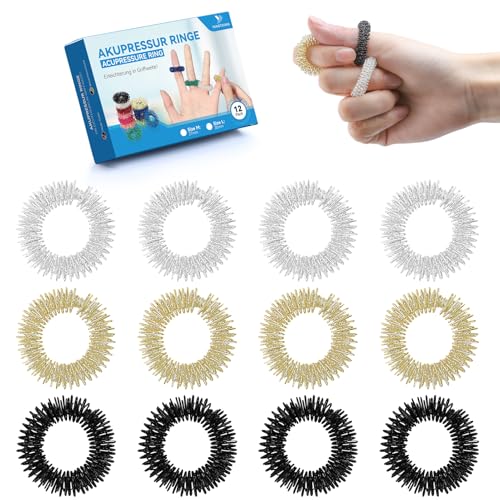 YANGTSUNG Anillos de Acupresión para Dedos, 12 piezas, 30 mm, Masajeadores Sensoriales Puntiagudos para Reducir el Estrés y Mejorar la Circulación, para Adolescentes y Adultos (Oro/Plata/Negro)