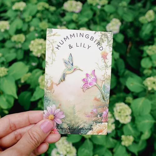Image of 2 Piece Gift Set - Hummingbird & Pink Lily Flower Enamel Pin, Hummingbird Gifts