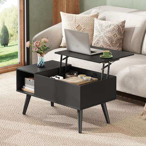 Image of WLIVE Coffee Table for Living Room, Small Coffee Table with Storage, Lift Top Modern Wooden Dining Center Table with Storage Shelf & Hidden Compartment, 31.5 inch Black